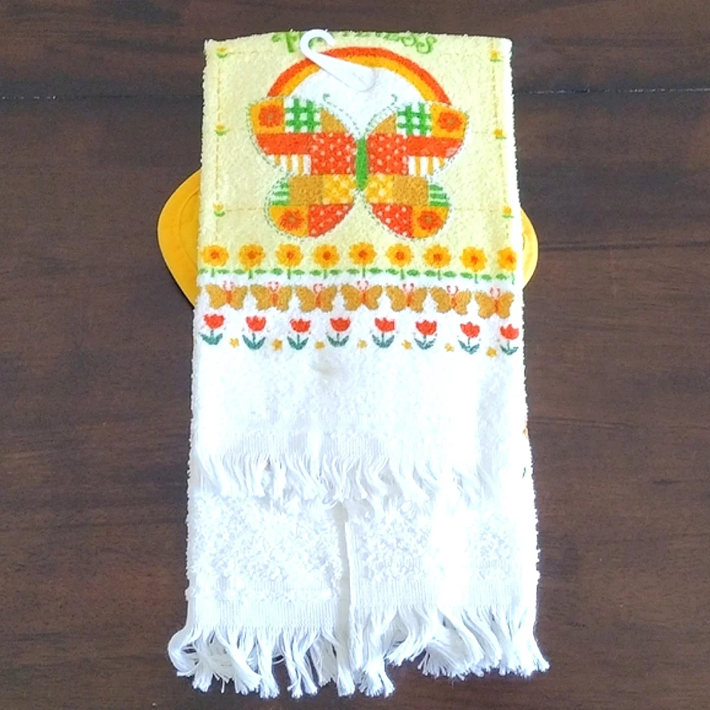 70s Butterfly Happiness kitchen towel dishcloth potholder, oven door towel